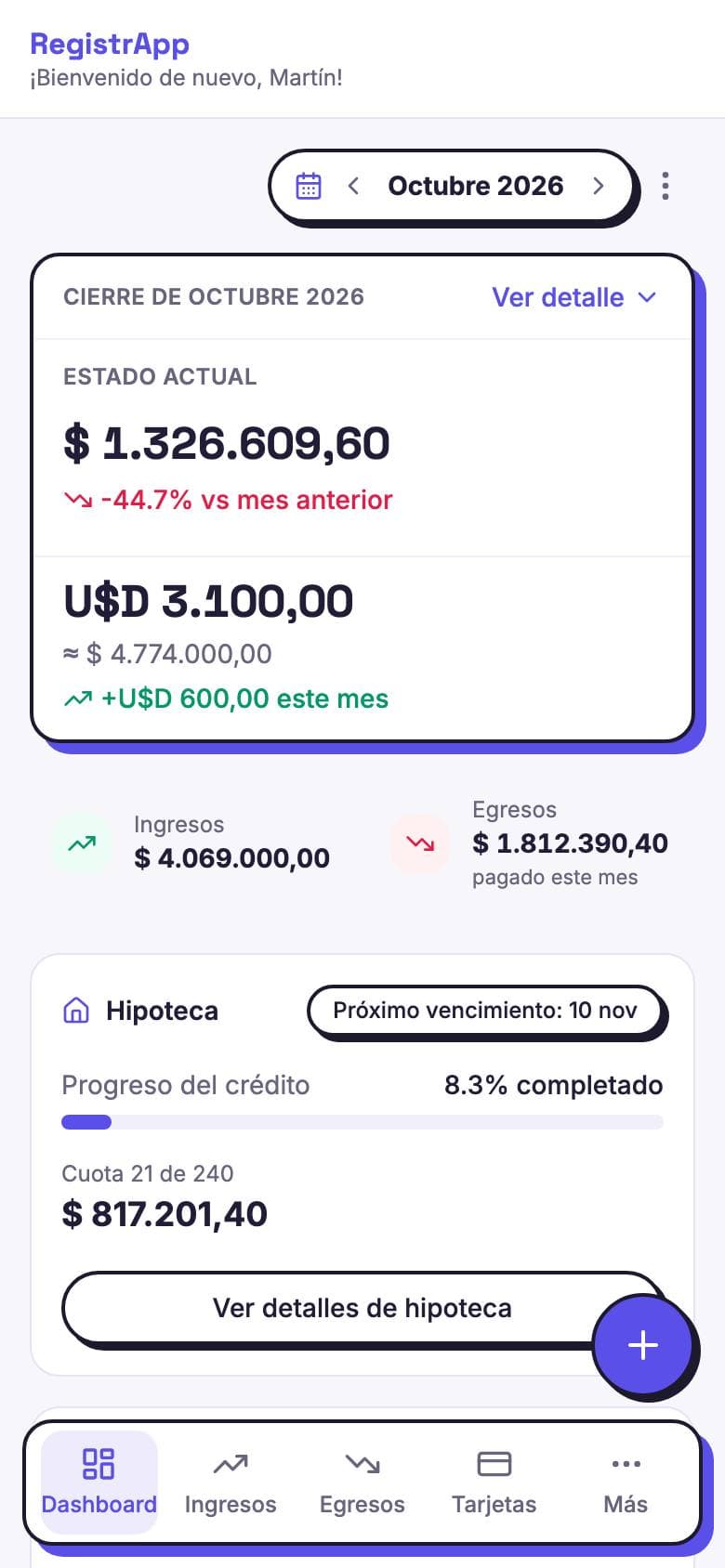RegistrApp en el celular: el cierre del mes en pesos y en dólares
